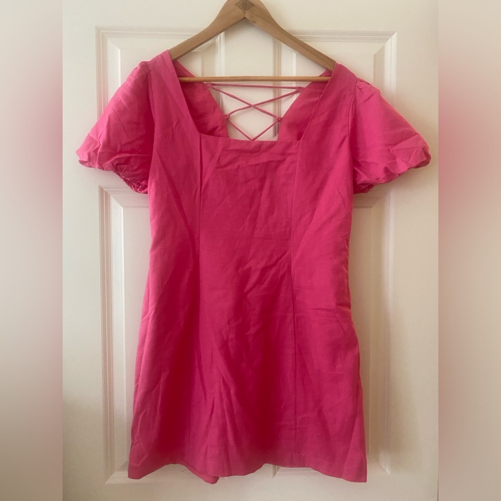 Beyond Words Hot Pink Mini Dress Size M Puff Sleeves 100%Cotton Shirred Tie Back